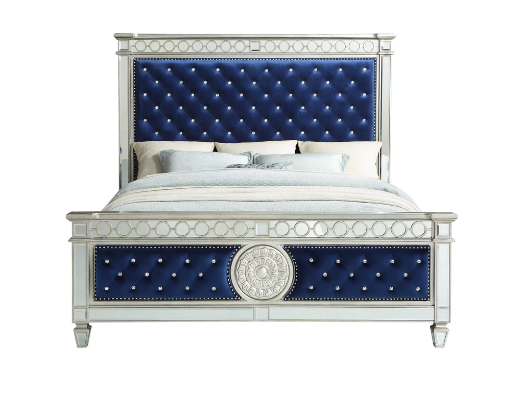 California King Tufted Panel Bed Blue Velvet Mirrored I197