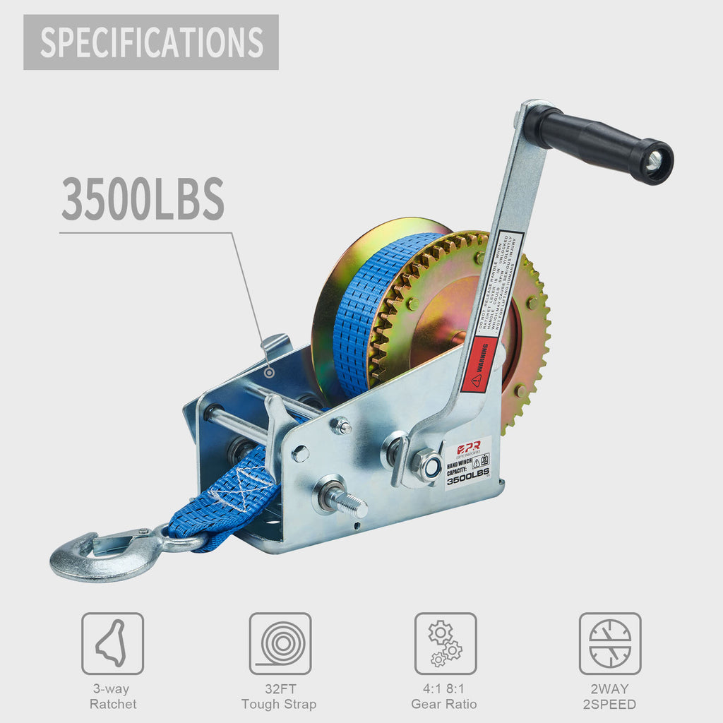 3500lbs Manual Boat Trailer Winch with 32ft Strap X128