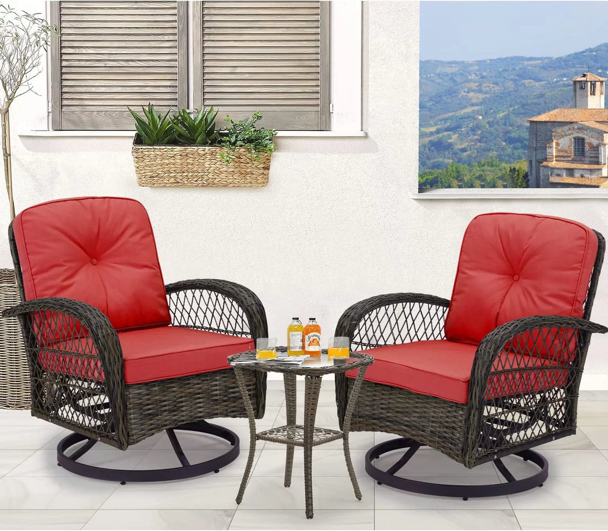 Outdoor Swivel Glider Wicker Patio Bistro Set with Cushions and Glass Table X29221