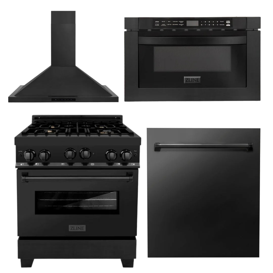 30 in. Black Stainless Steel Gas Range, Range Hood, Microwave Drawer and Dishwasher C2057