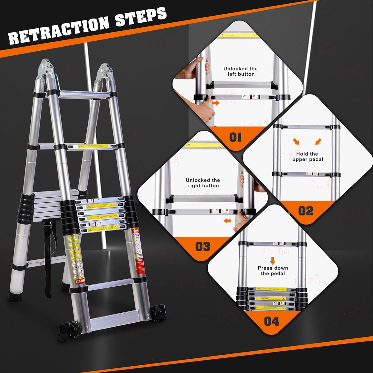 14.5FT A Frame Telescoping Ladder with Balance Bar & Wheels, 330lbs Capacity N34659