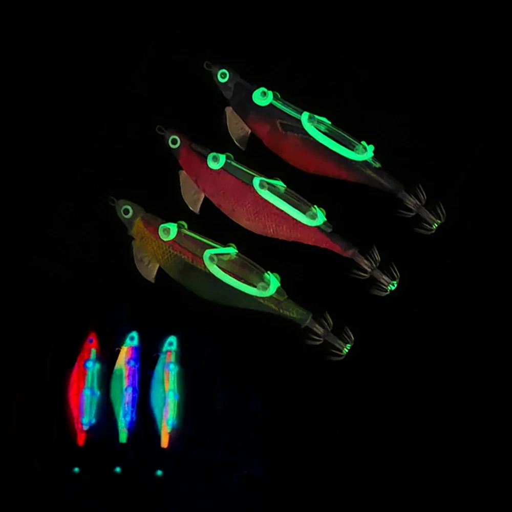 10pcs Fishing Luminous Shrimp Lure Hard Artificial Bait Wood with Squid Hooks Q84238