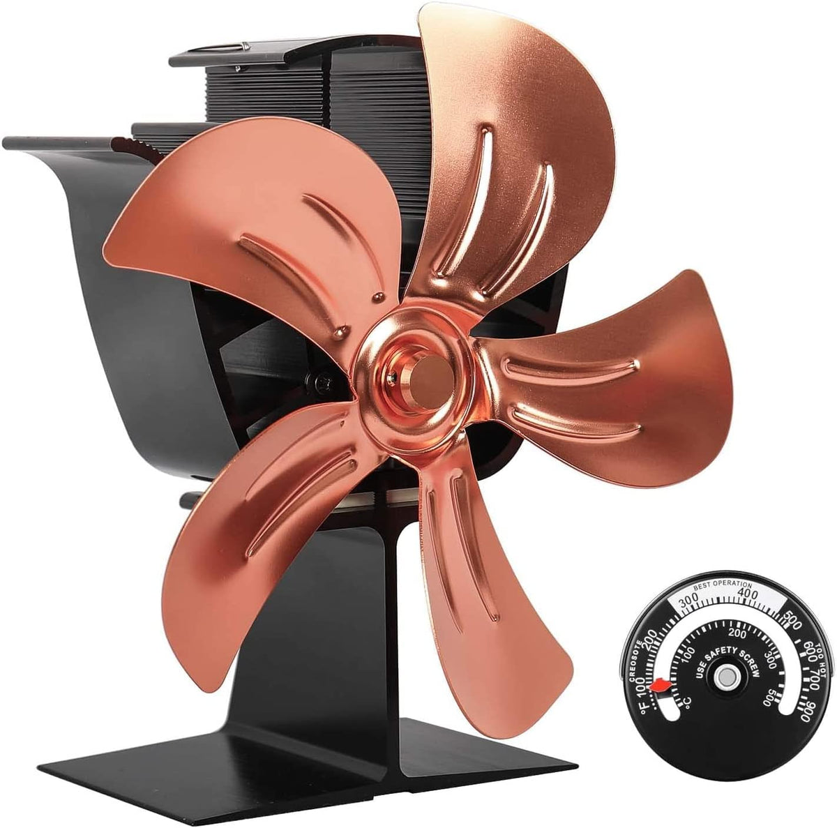 5 Blades Heat Powered Stove Fan with Magnetic Thermometer Aluminium Silver Pack of 2 J361897