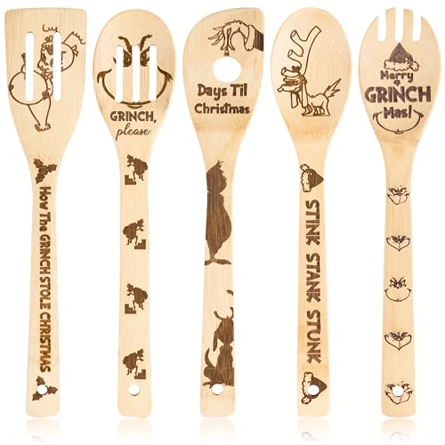 Bamboo Spoons 5 Christmas Themed Kitchen Utensils Set C785