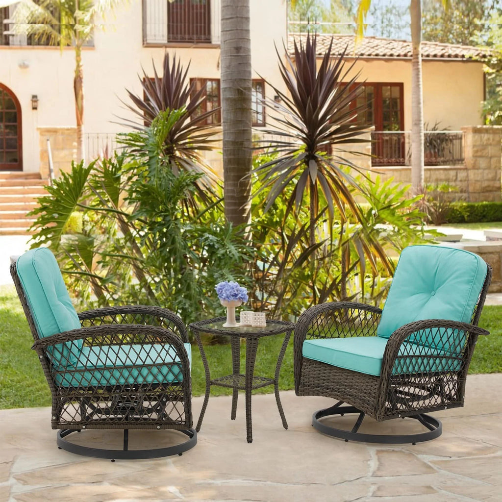 Outdoor Swivel Glider Wicker Patio Bistro Set with Cushions and Glass Table X29221