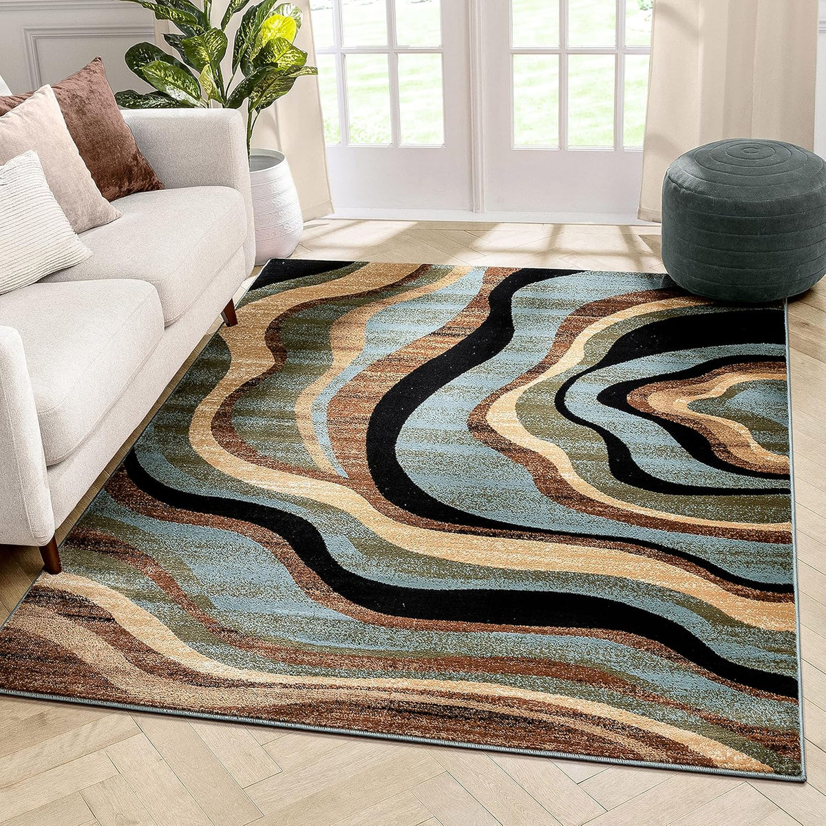 Blue Brown Geometric Area Rug 9x13 D45898
