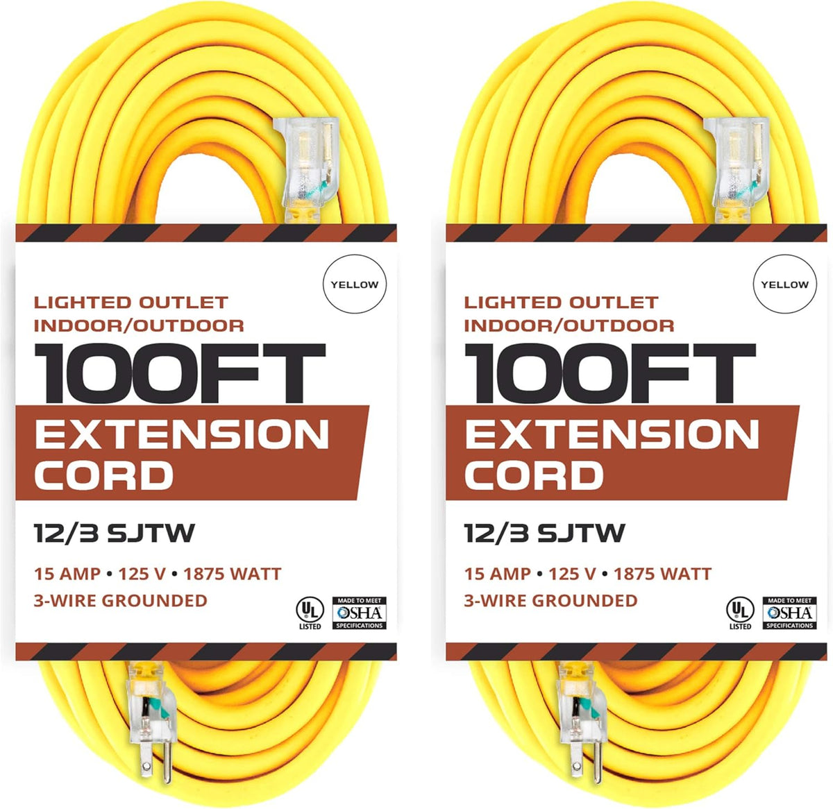 25 ft Lighted Outdoor Extension Cord, 12/3 SJTW Heavy Duty Yellow Extension Cable with 3 Prong Grounded Plug A990631