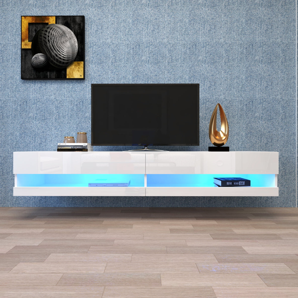 White Wall Mounted Floating TV Stand with 20 Color LEDs O21222