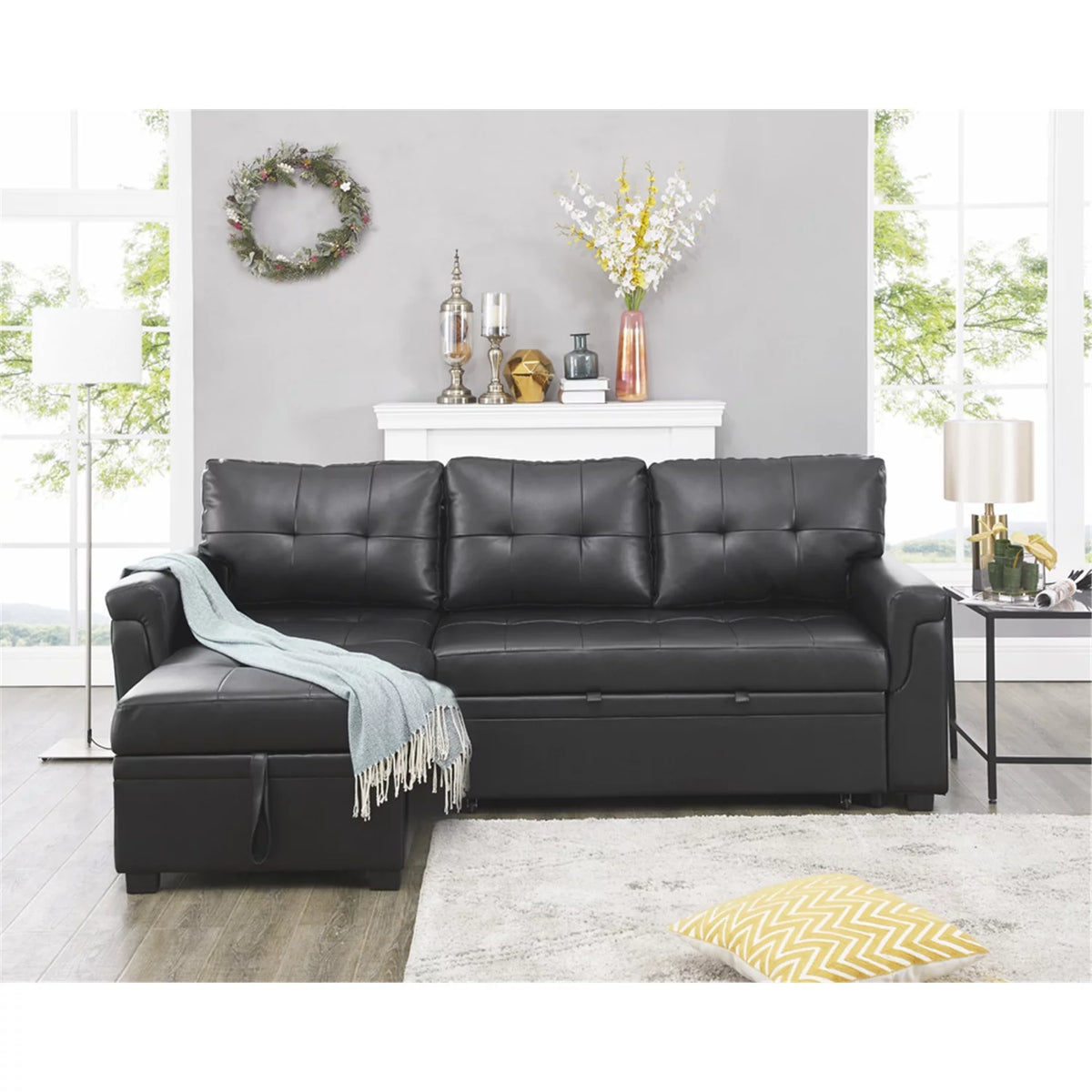 Black Air Leather Reversible Sleeper Sectional Sofa D3253