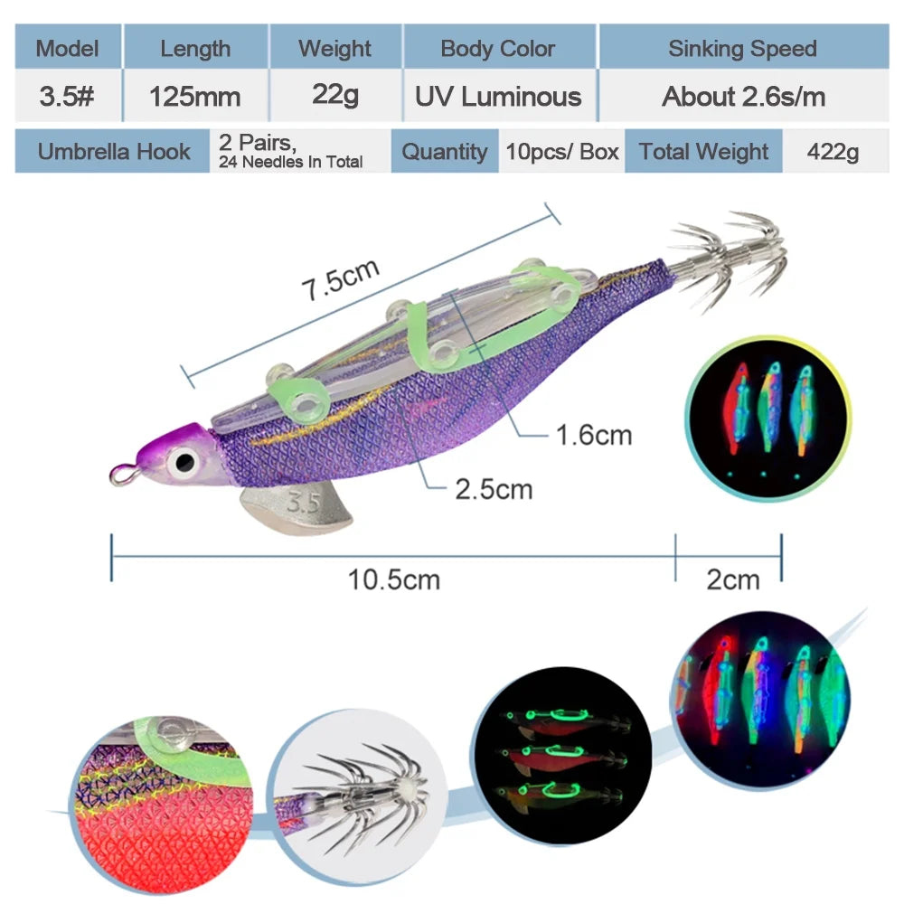 10pcs Fishing Luminous Shrimp Lure Hard Artificial Bait Wood with Squid Hooks Q84238