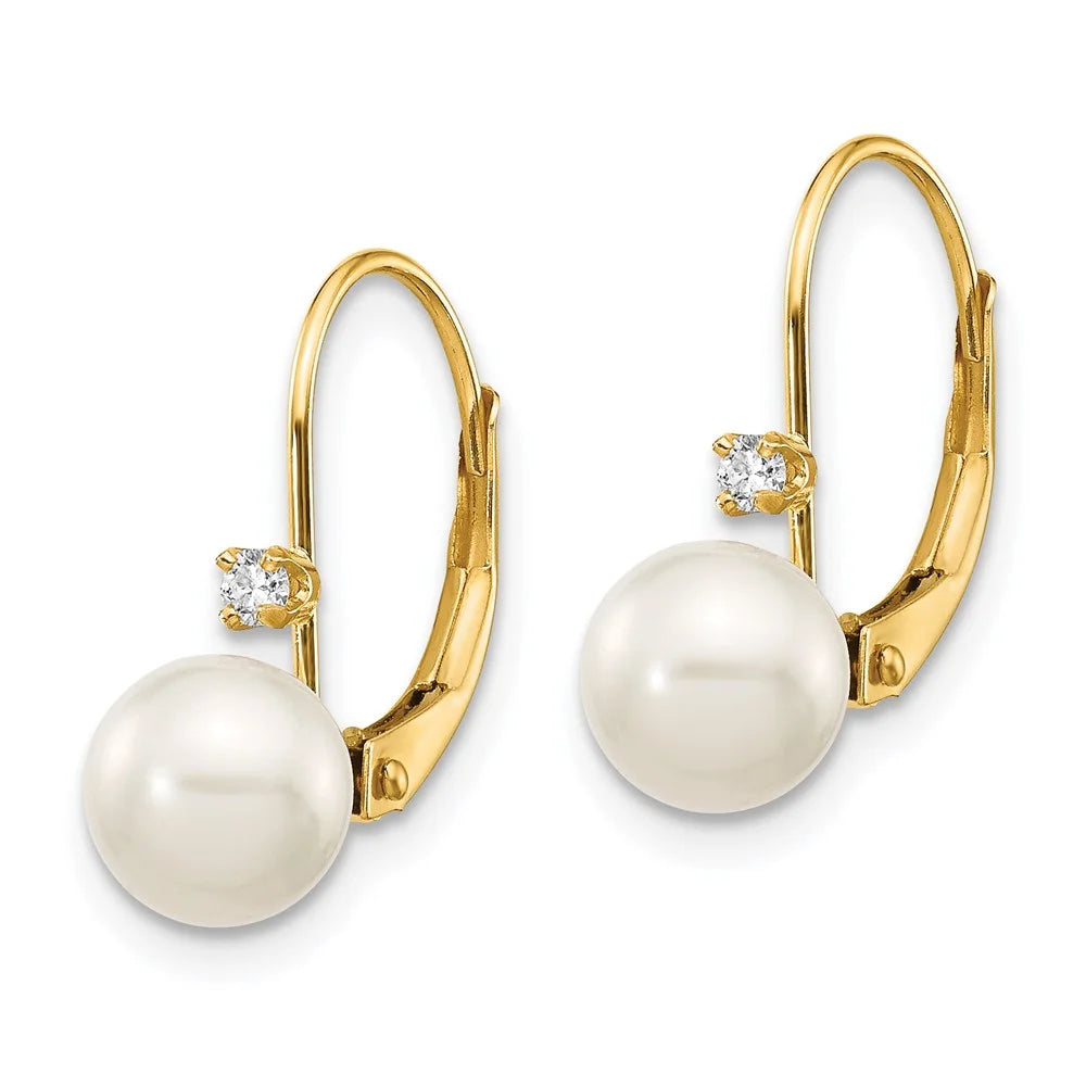 14kt Yellow Gold FW Cultured Pearl Diamond Leverback Earrings C826225