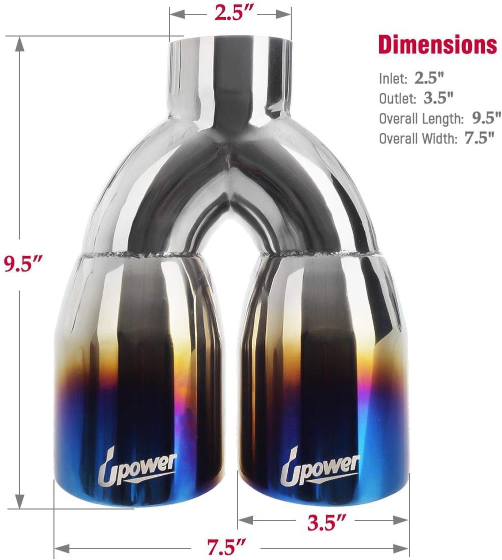 Dual Exhaust Tips 2.5" Inlet 3.5" Outlet 9.5" Length Blue Polished Stainless Steel Double Wall Pack of 2 F1054