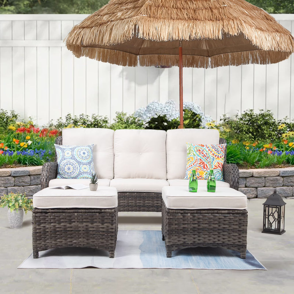 Beige Wicker 3-Piece Patio Sofa and Ottoman P94017