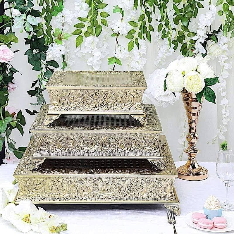 Gold Square Embossed Wedding Cake Stand Riser N263682
