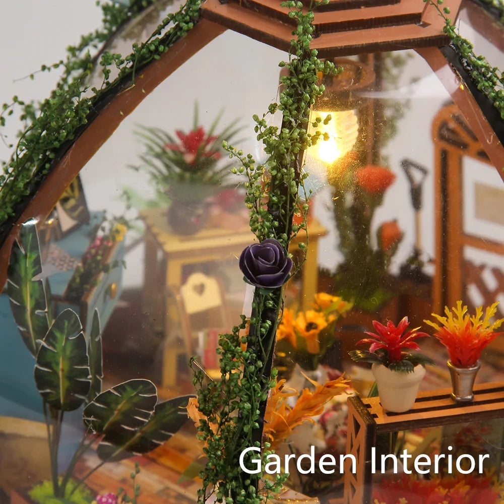 DIY Miniature Dollhouse Kit Wooden Flower Green House with LED Light N810