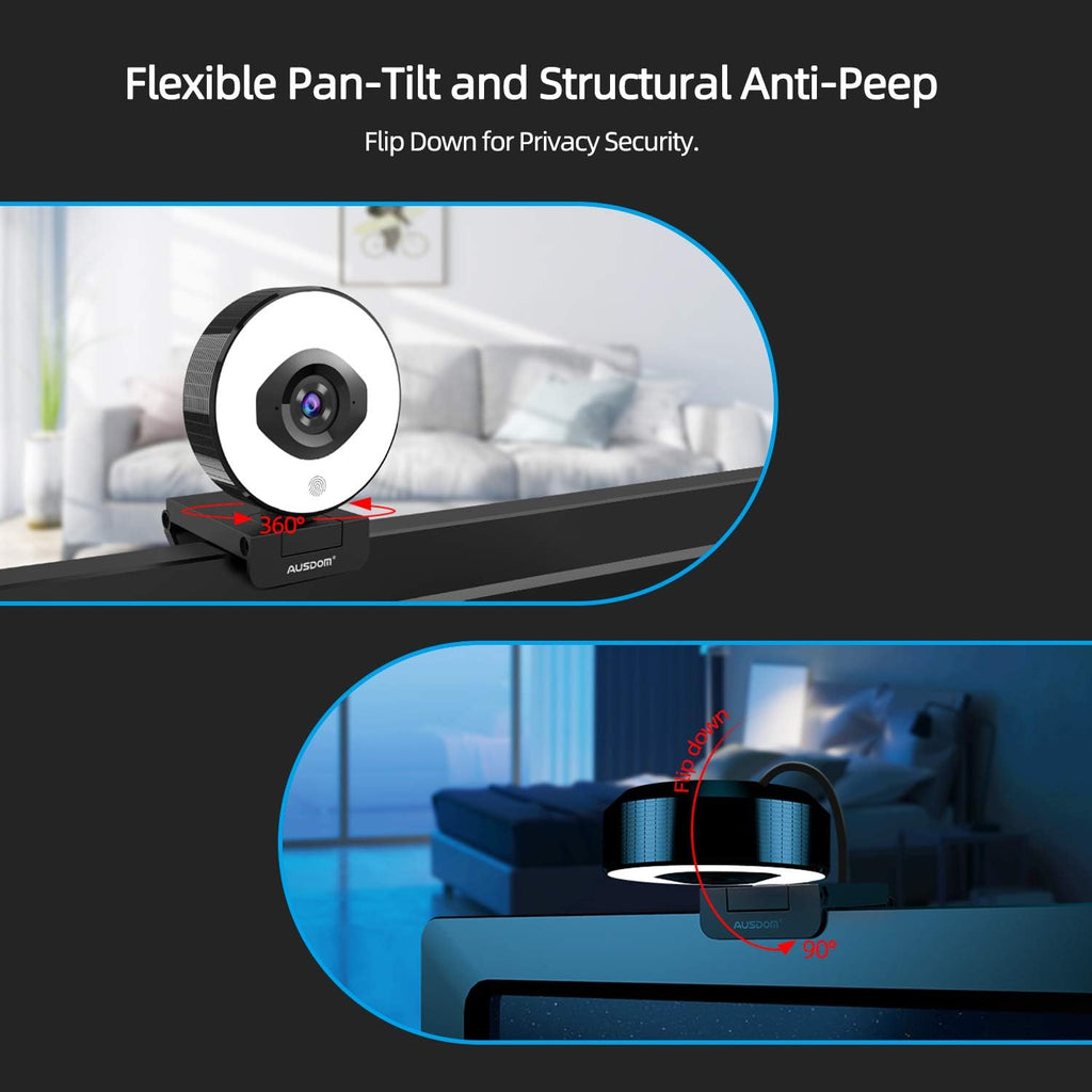 FHD 1080p 60fps Webcam with Ring Light, 75° FOV, Dual Microphones, External Tripod F78093