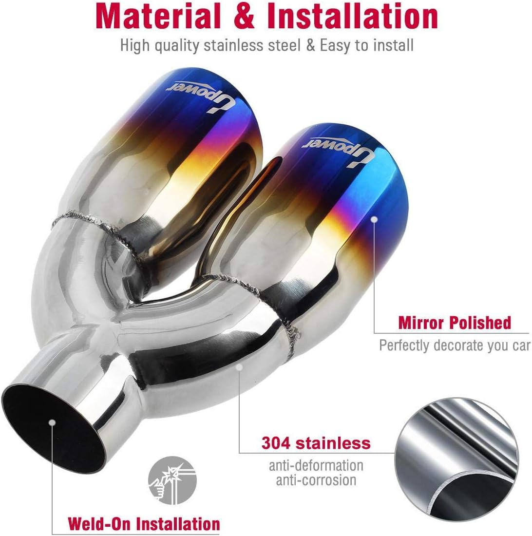 Dual Exhaust Tips 2.5" Inlet 3.5" Outlet 9.5" Length Blue Polished Stainless Steel Double Wall Pack of 2 F1054