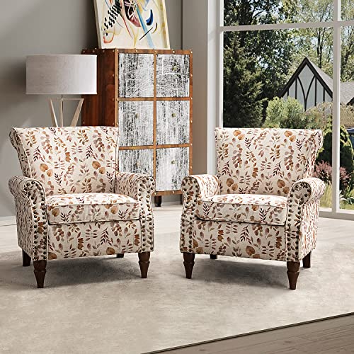 Blue Floral Pattern Upholstered Accent Chair with Wood Legs X930000