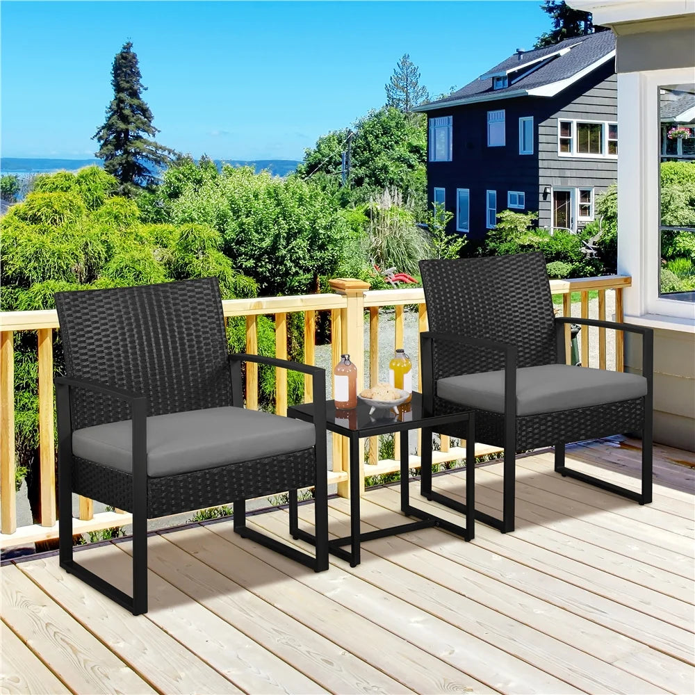 3-piece Patio Rattan Chairs & Table Set with Cushions J97788