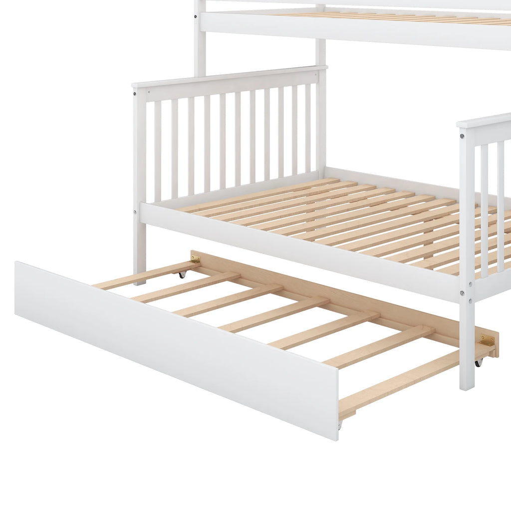 Twin Over Full Bunk Bed with Trundle and Stairs, White B7461