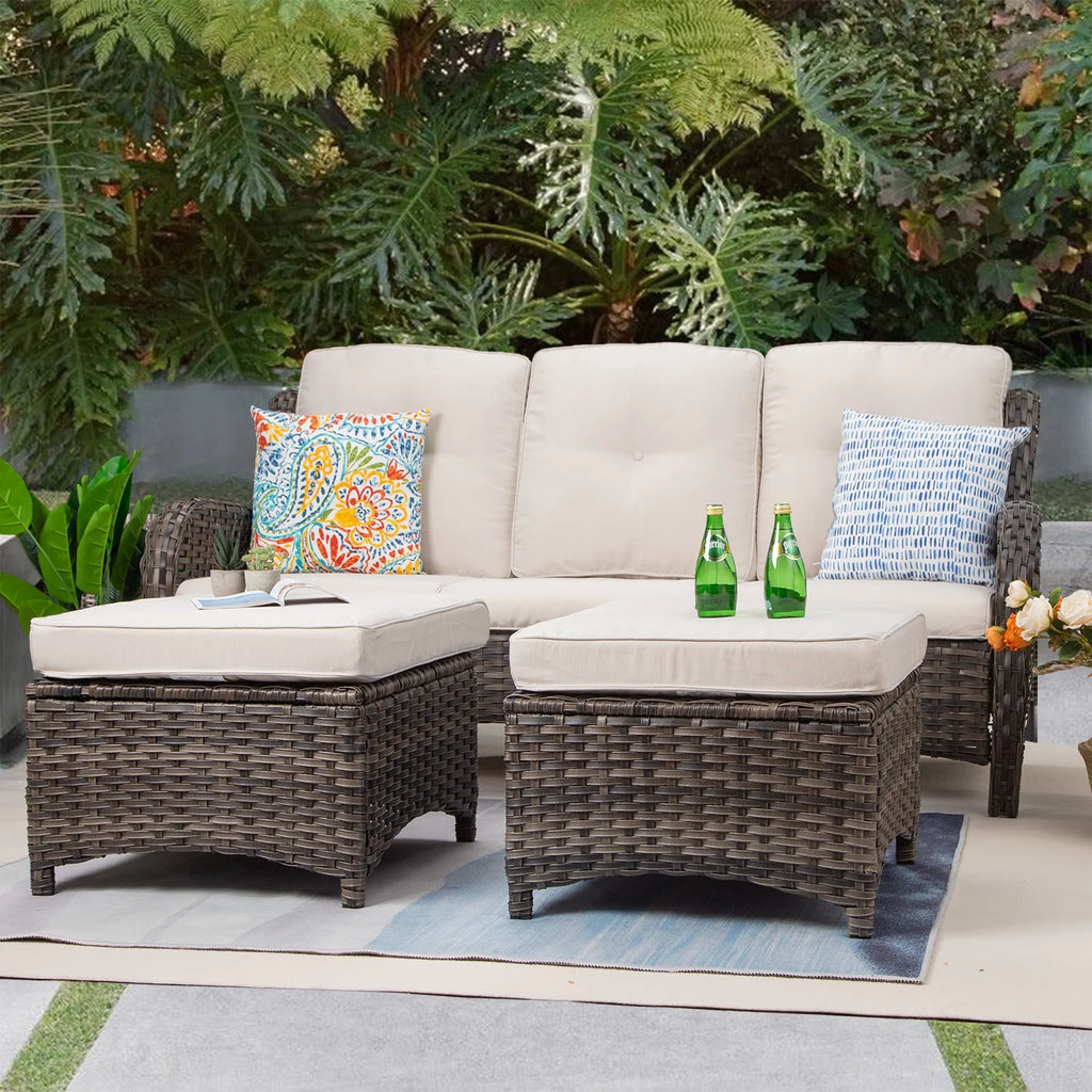 Beige Wicker 3-Piece Patio Sofa and Ottoman P94017