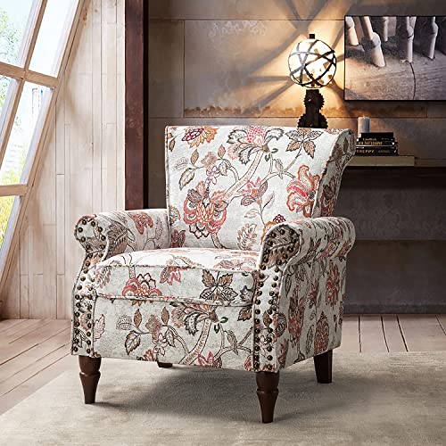 Blue Floral Pattern Upholstered Accent Chair with Wood Legs X930000