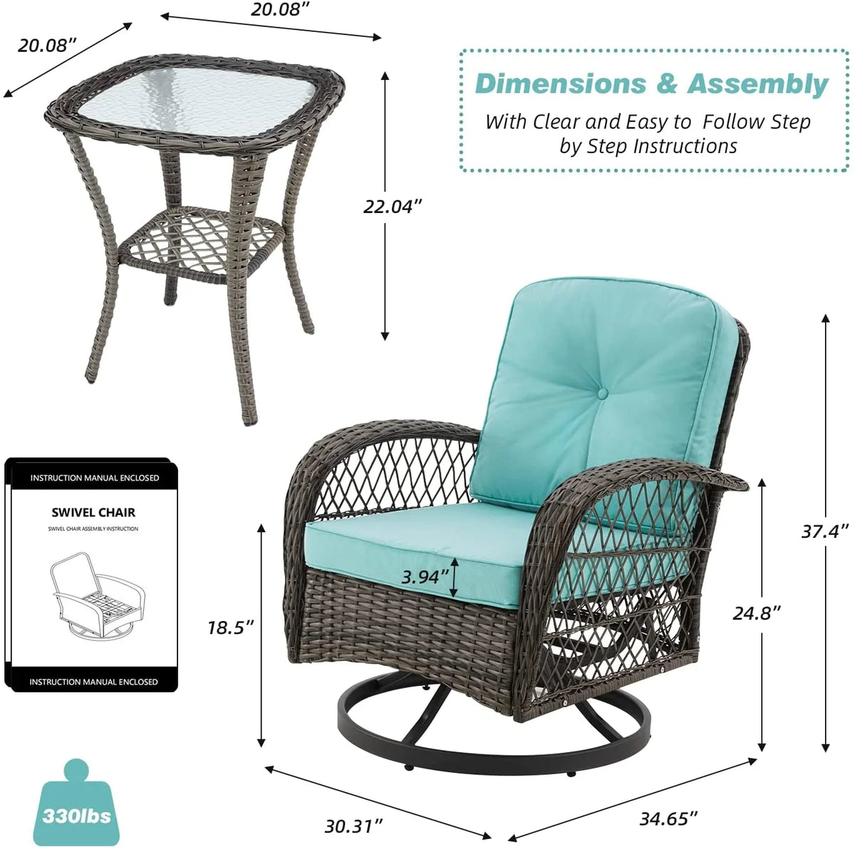 Outdoor Swivel Glider Wicker Patio Bistro Set with Cushions and Glass Table X29221