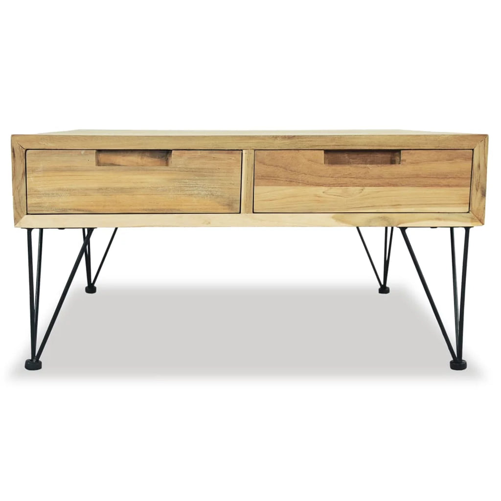 Coffee Table with 2 Storage Drawers Teak Wood Wrought Iron Legs U64634