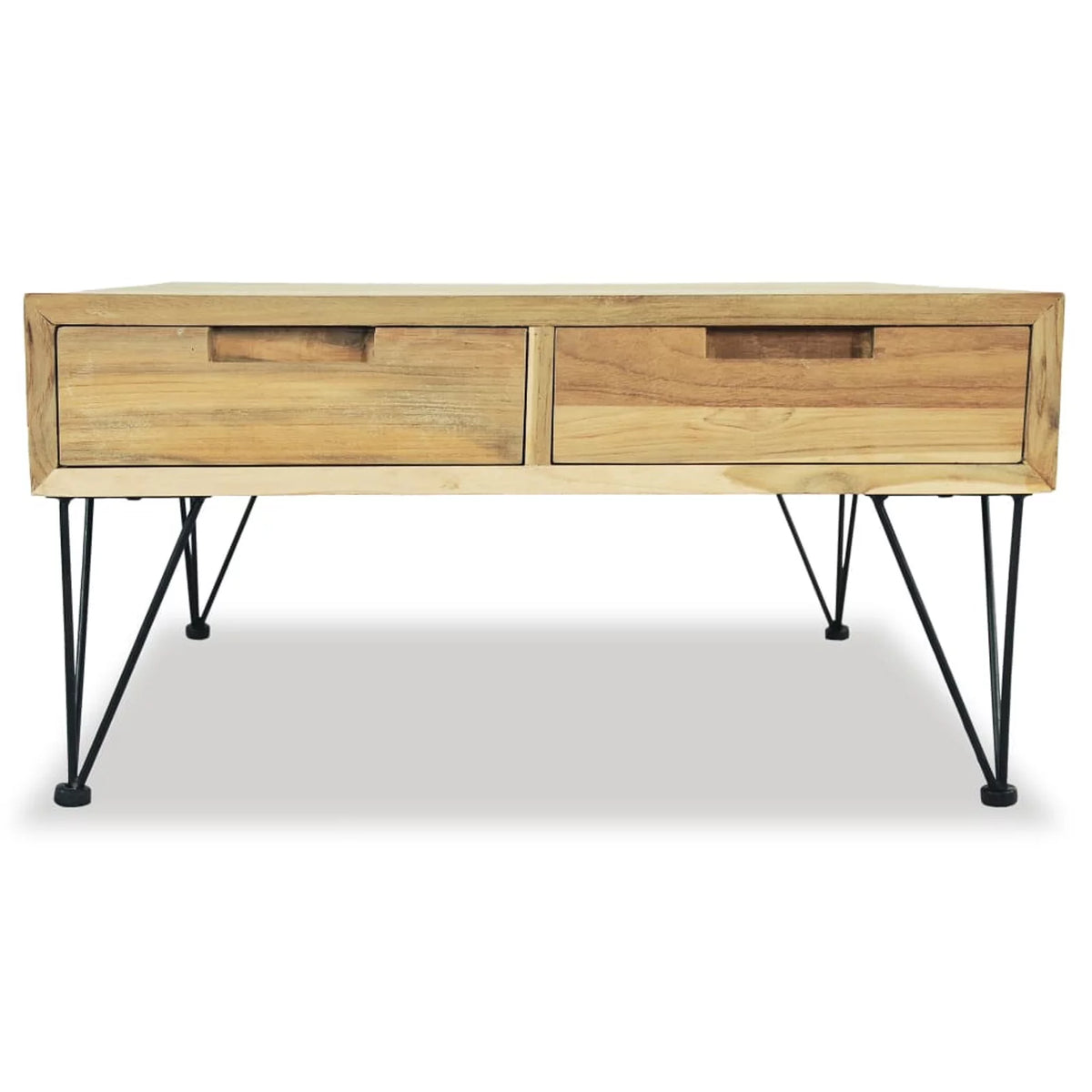 Coffee Table with 2 Storage Drawers Teak Wood Wrought Iron Legs U64634