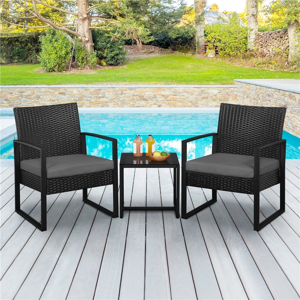 3-piece Patio Rattan Chairs & Table Set with Cushions J97788
