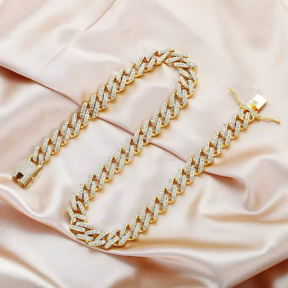 Iced Out Cuban Link Necklace and Bracelet Set, 15mm, Gold G2825