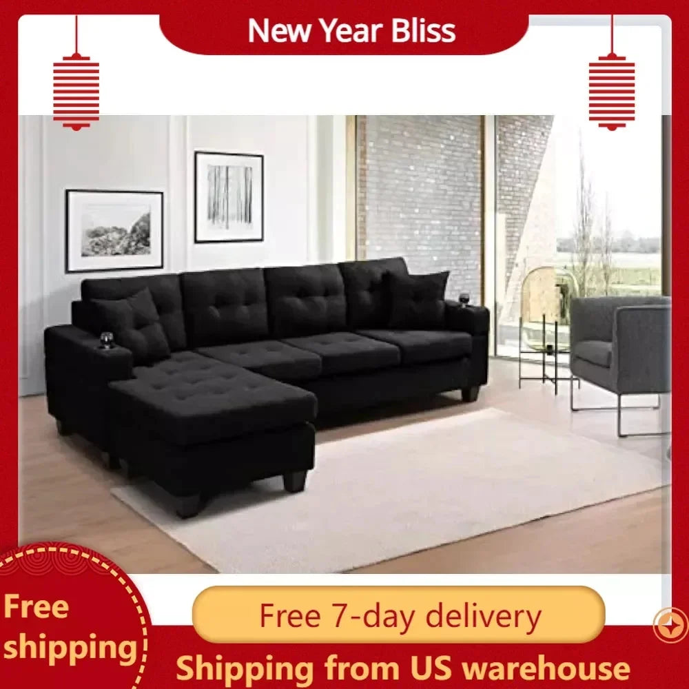 Black L-Shaped Upholstered Sofa Bed with Reversible Chaise Longue H45385