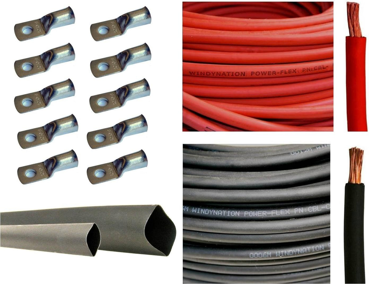 2 Gauge 5 Feet Red + 5 Feet Black Pure Copper Flexible Cable with 10pcs 3/8 Tinned Copper Lug Terminals and 3 Feet Heat Shrink Tubing P281940